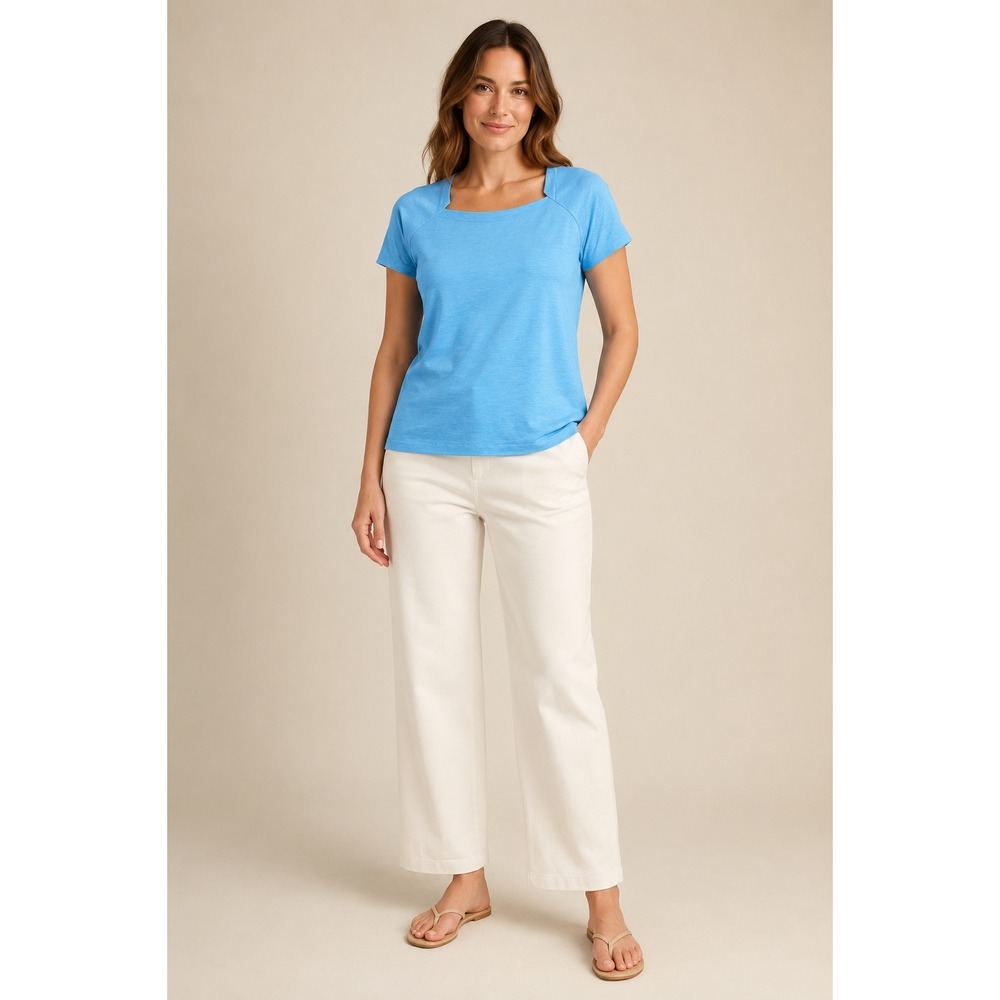 Lafayette 148 Square Neck Top Womens Medium Blue Cotton Knit Minimalist Luxury